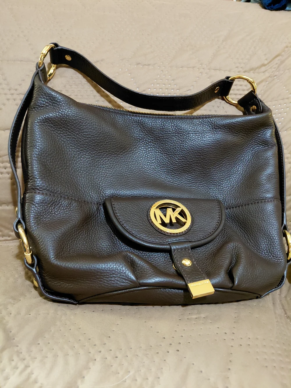 Michael Kors Dark BROWN Pebbled Leather Shoulder Bag with Gold Hardware
